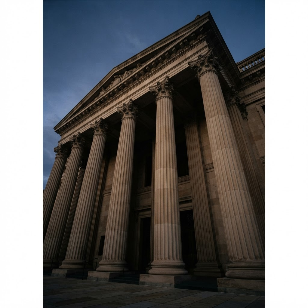 Classical stone columns of a courthouse facade
